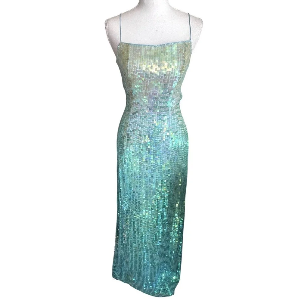 Vintage Cache Silk Beaded Ombré Sequins Iridescent Gown Mermaid Embellished Y2k - Picture 2 of 16